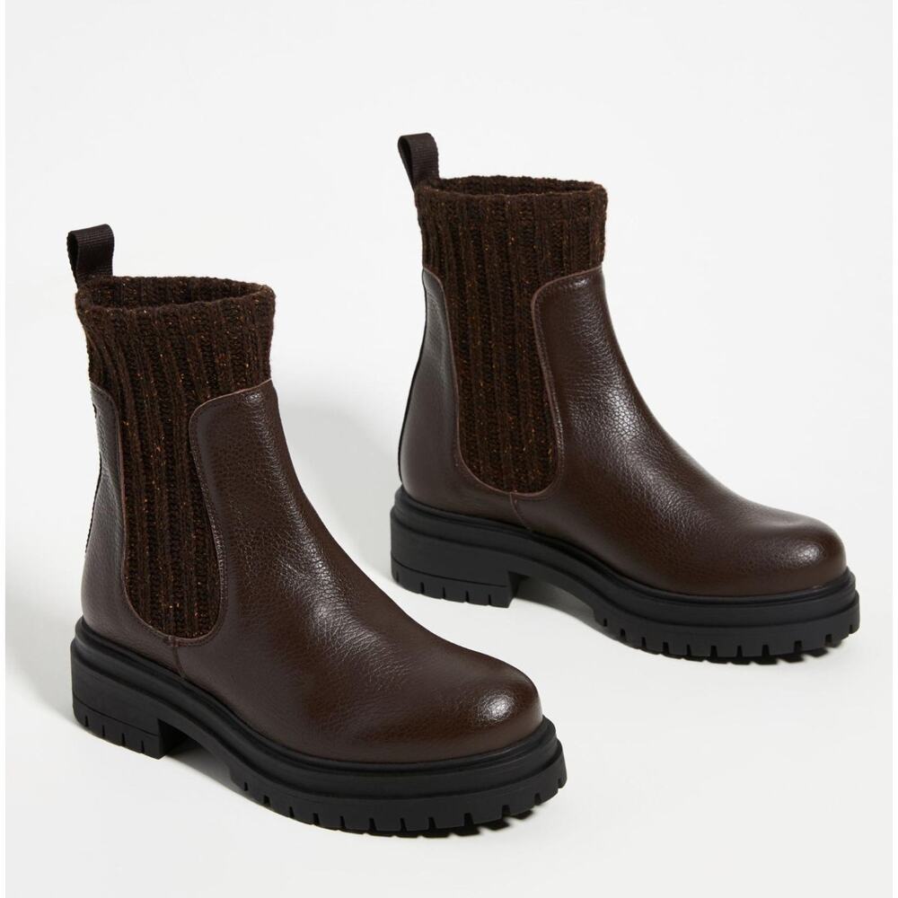 Anthropologie Knit Chelsea Bootie Chocolate Brown Leather Pull On 40 9 9.5